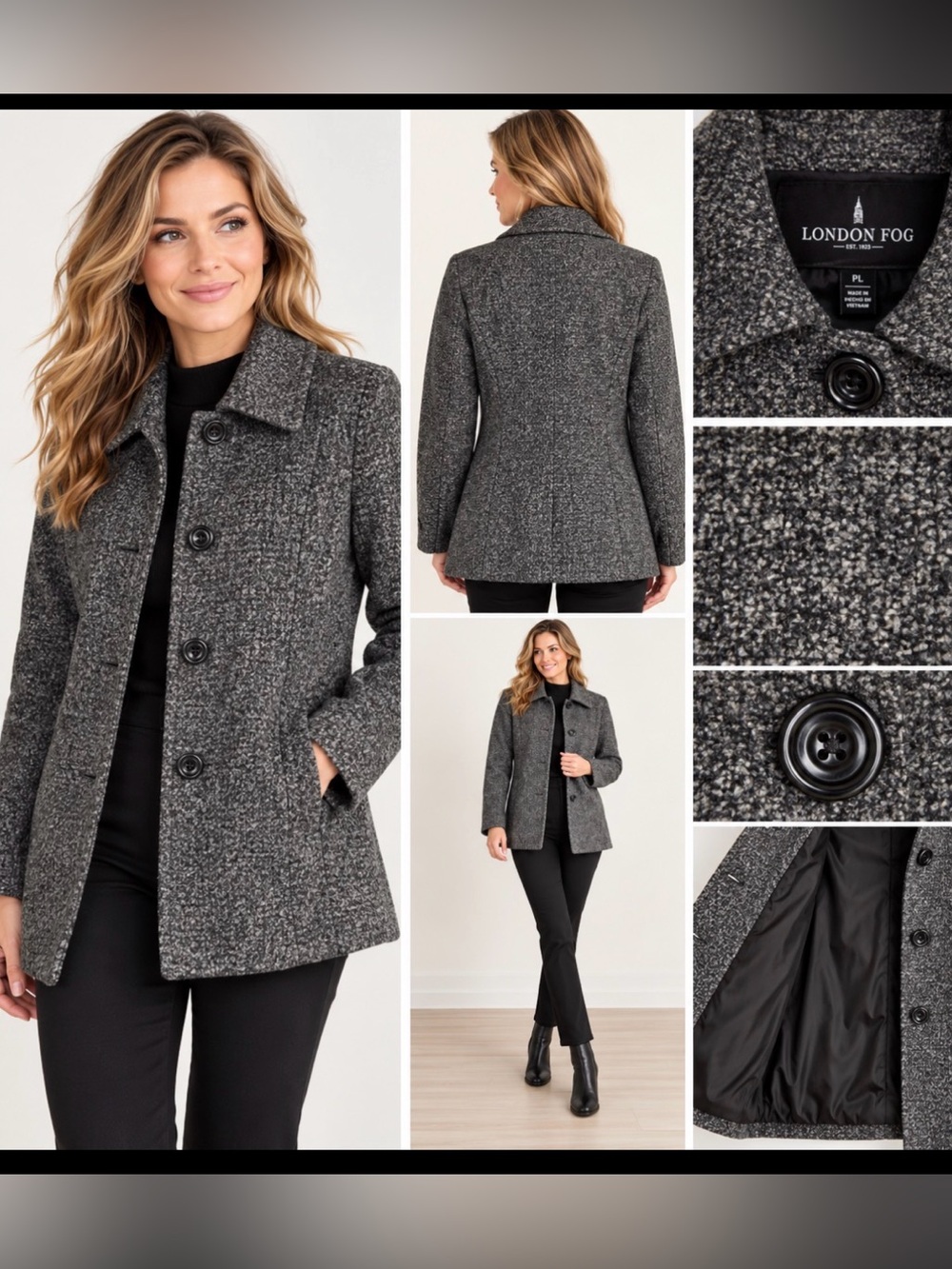 London Fog Women’s Petite Large PL Gray Tweed Button Front Coat Jacket